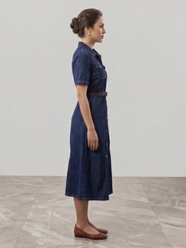 Denim Midi Shirt Dress - Fit and Flare Button-Down Utility Dress