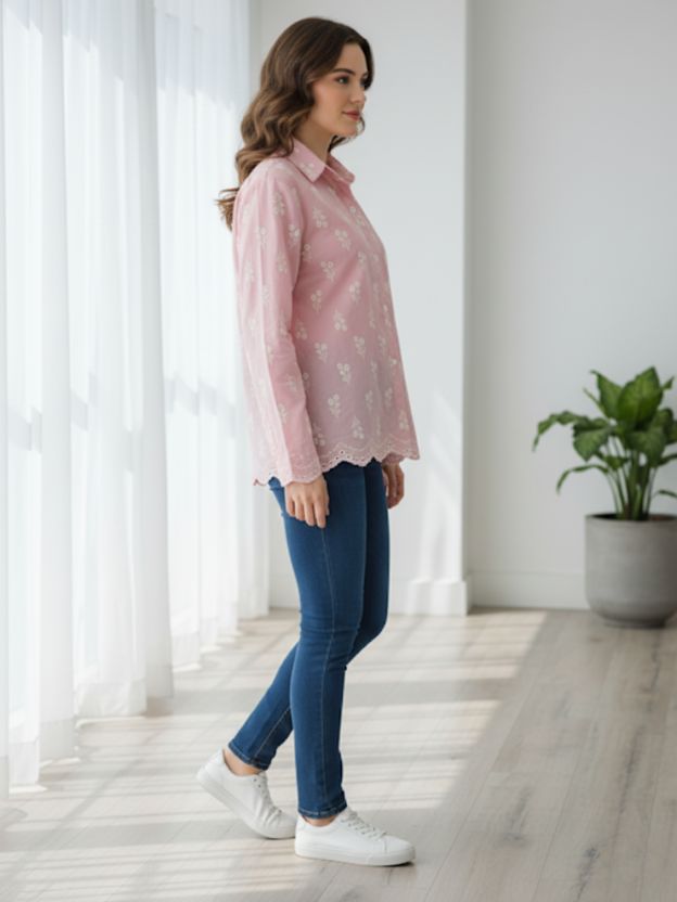 Sweetheart Scallop Hem Embroidered Pink Cotton Shirt