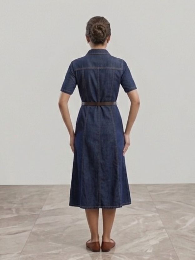 Denim Midi Shirt Dress - Fit and Flare Button-Down Utility Dress