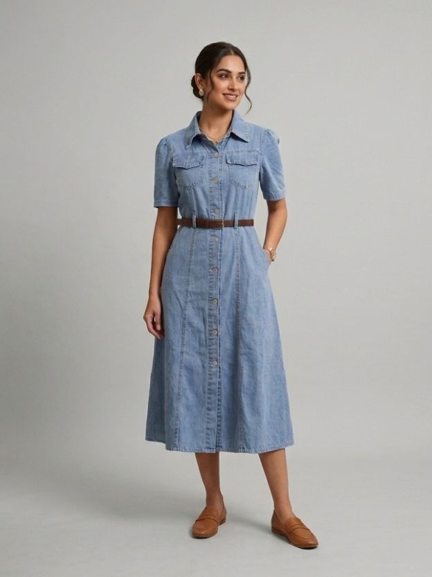Denim Midi Shirt Dress - Fit and Flare Button-Down Utility Dress