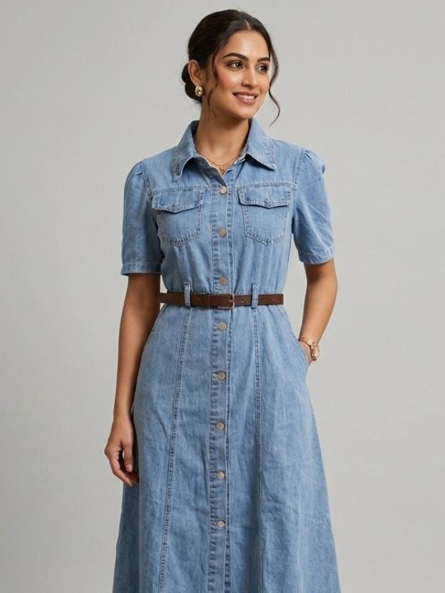 Denim Midi Shirt Dress - Fit and Flare Button-Down Utility Dress