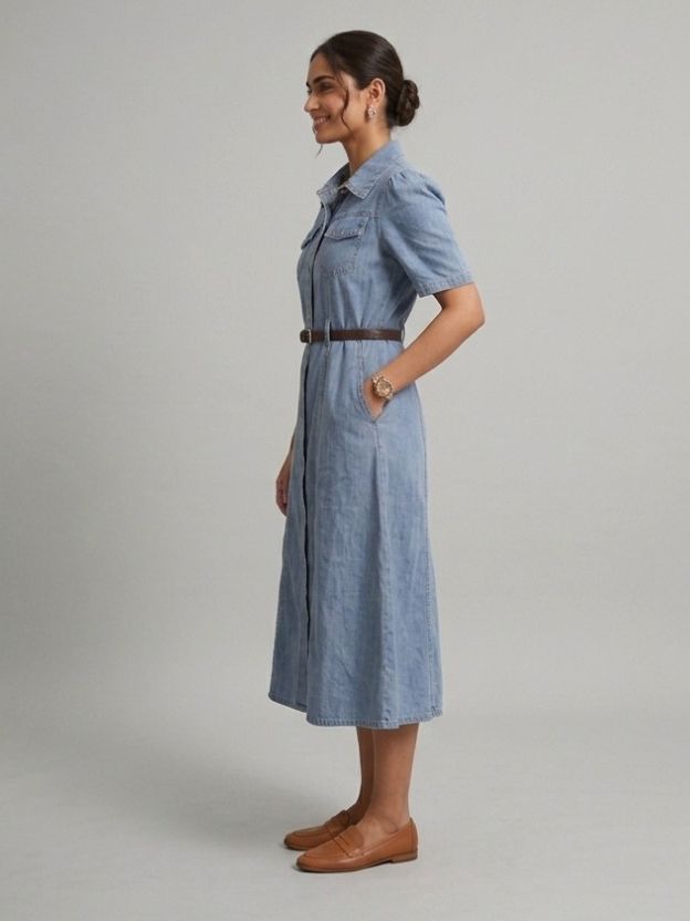 Denim Midi Shirt Dress - Fit and Flare Button-Down Utility Dress