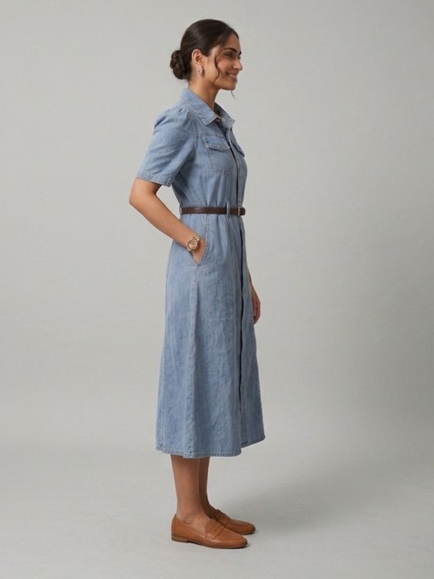 Denim Midi Shirt Dress - Fit and Flare Button-Down Utility Dress