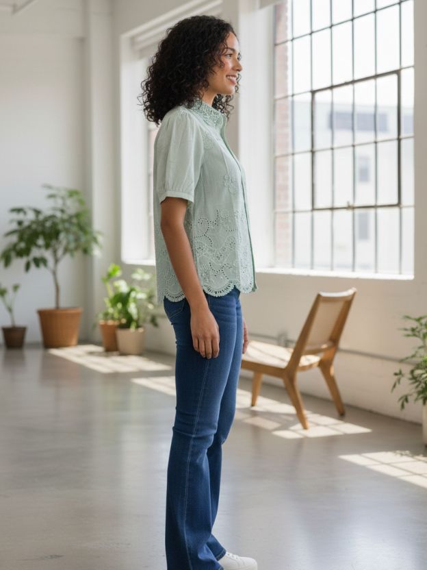 Elegant Embroidered Scalloped Hem Shirt