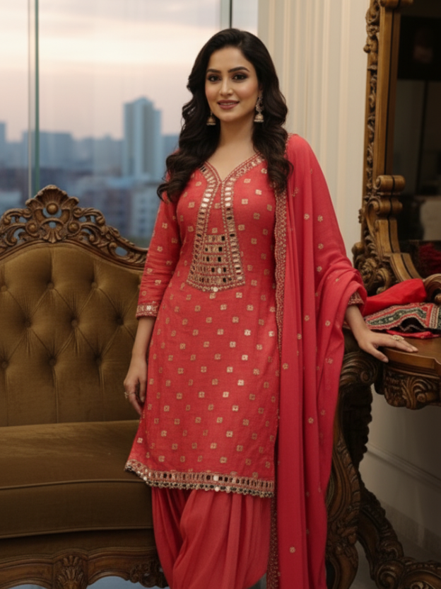 Ethnic Elegance in Coral Pink Suit