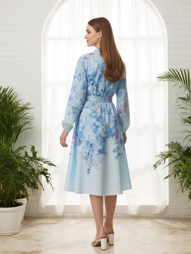 Sky Blue Floral Belted Midi Dress