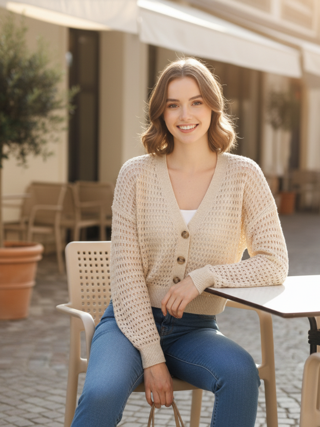 Women Beige Knit Top Button-Down Style