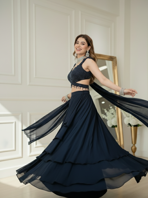 Elegant black ruffled mermaid style lehnga