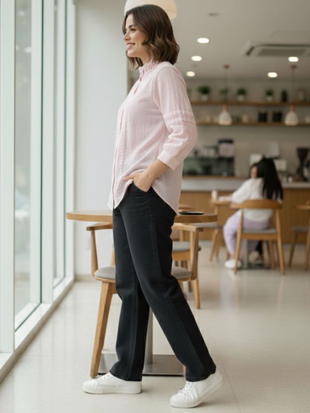 Elegant Lace Panel Button-Down Blouse