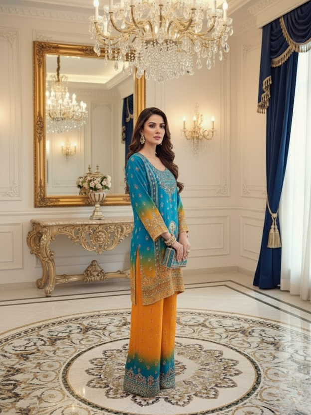 Azure Sunset Embroidered Crepe Ensemble