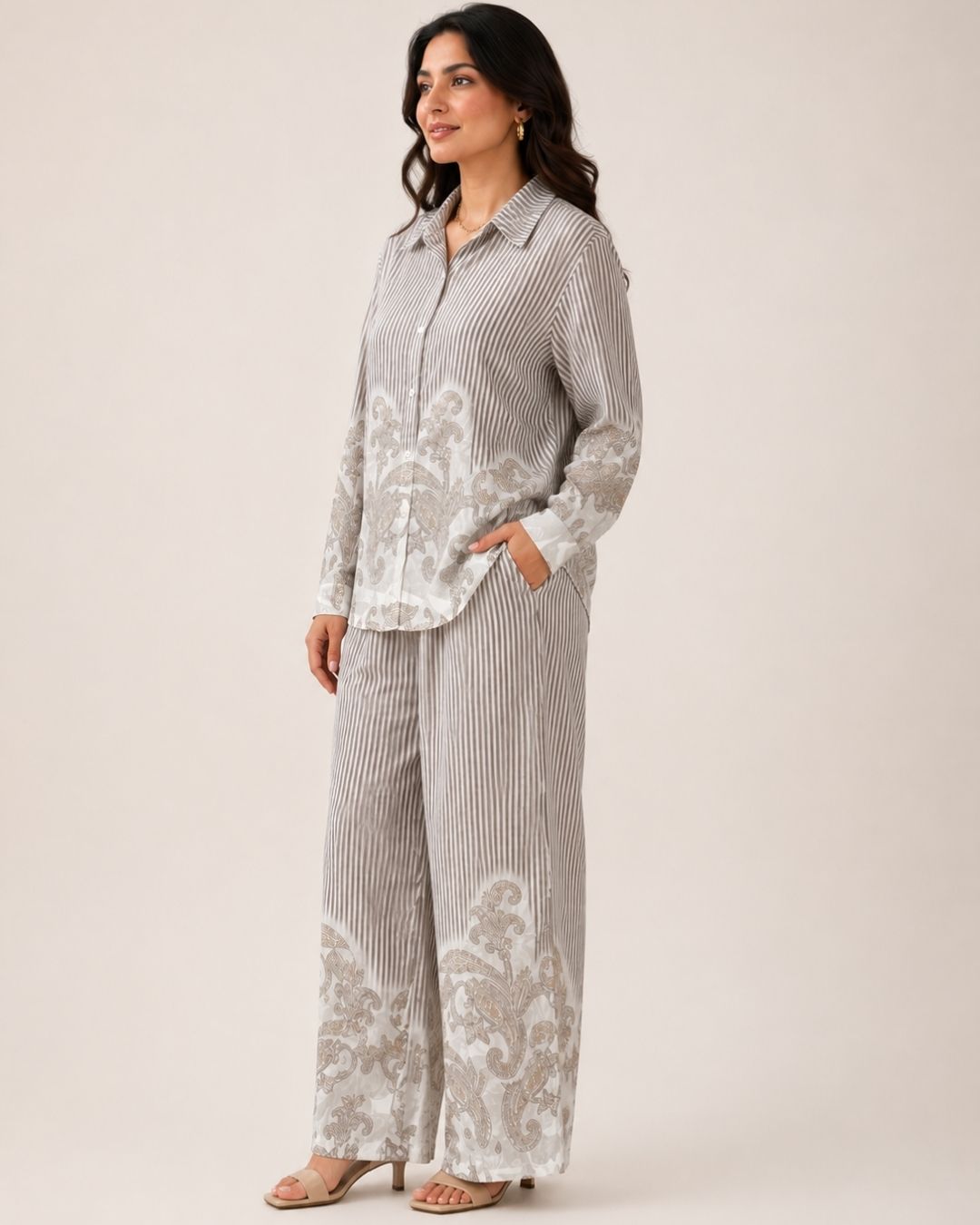 Women’s Striped Co-ord Set with Paisley Print | Button-Down Shirt & Wide Leg Pants