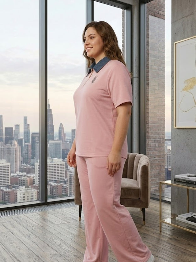 Chic Polo Collar Co-Ord Lounge Set with Wide-Leg Pants
