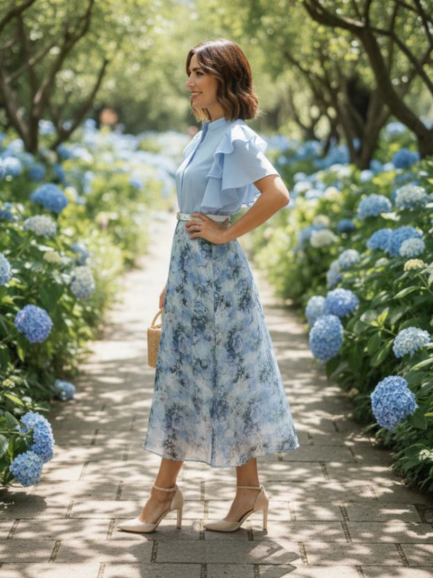 Elegant Floral Midi Dress with Soft Ruffle Details