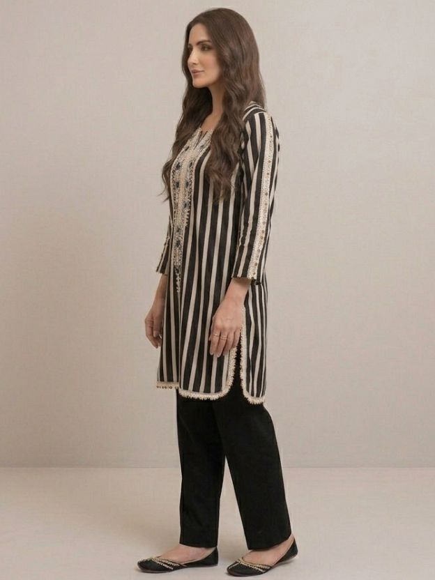 Elegant Striped Embroidered Co-Ord Set