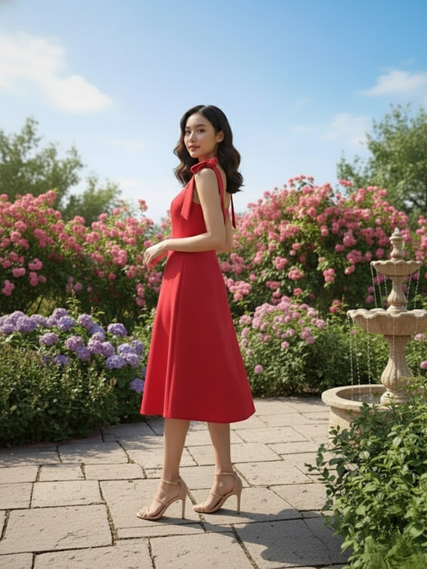 Crimson Bloom Tie-Shoulder Midi Dress