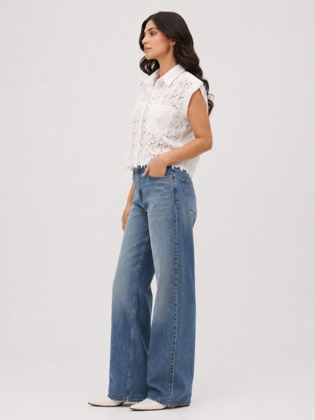 White Floral Design Lace Shirt