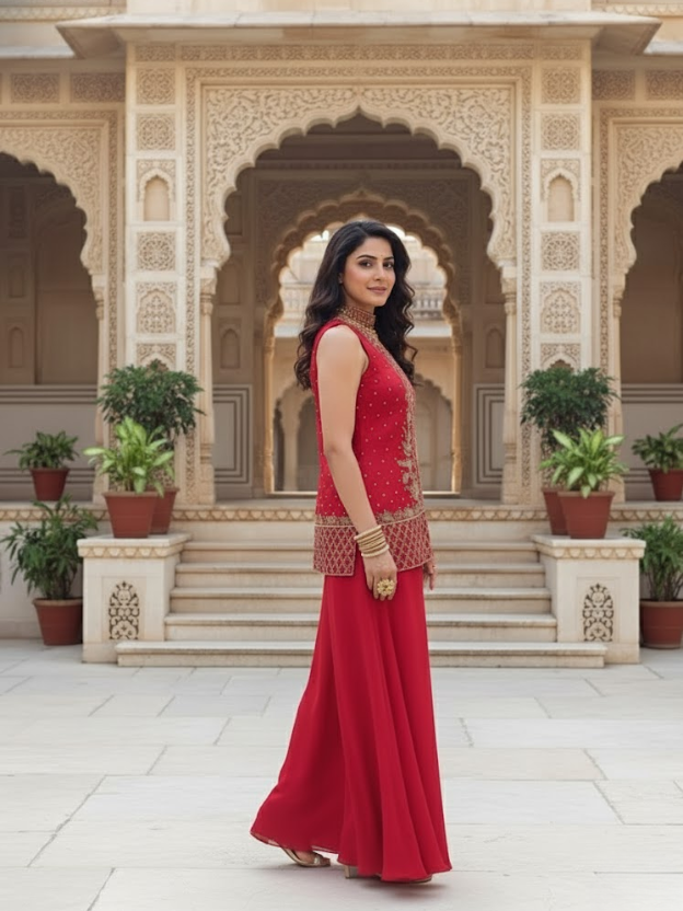 Crimson Royalty Embroidered Palazza Set