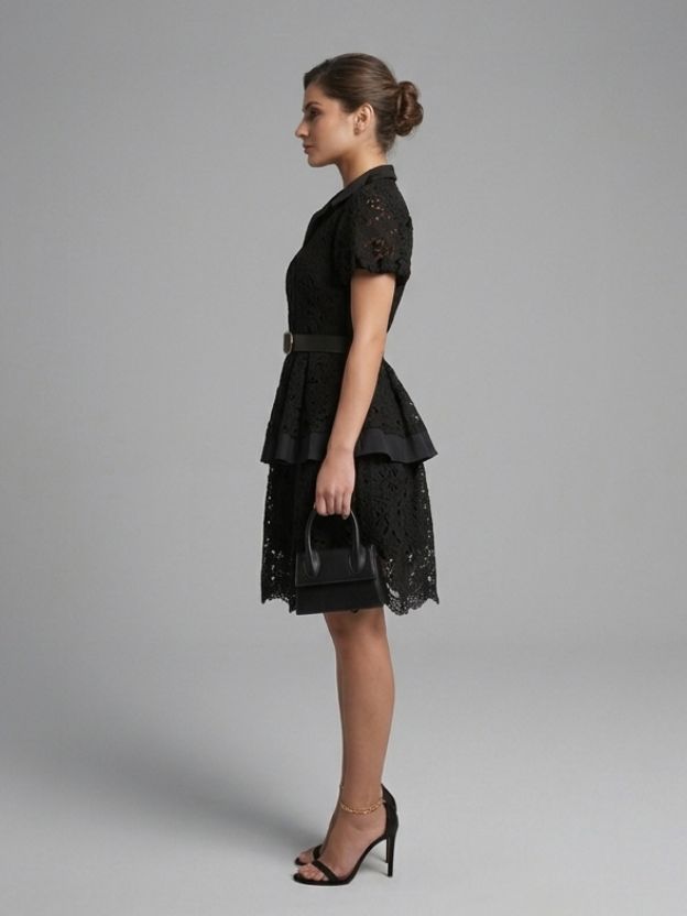 Vintage-Inspired Lace Button-Down Dress with Belt - Romantic Peplum Midi