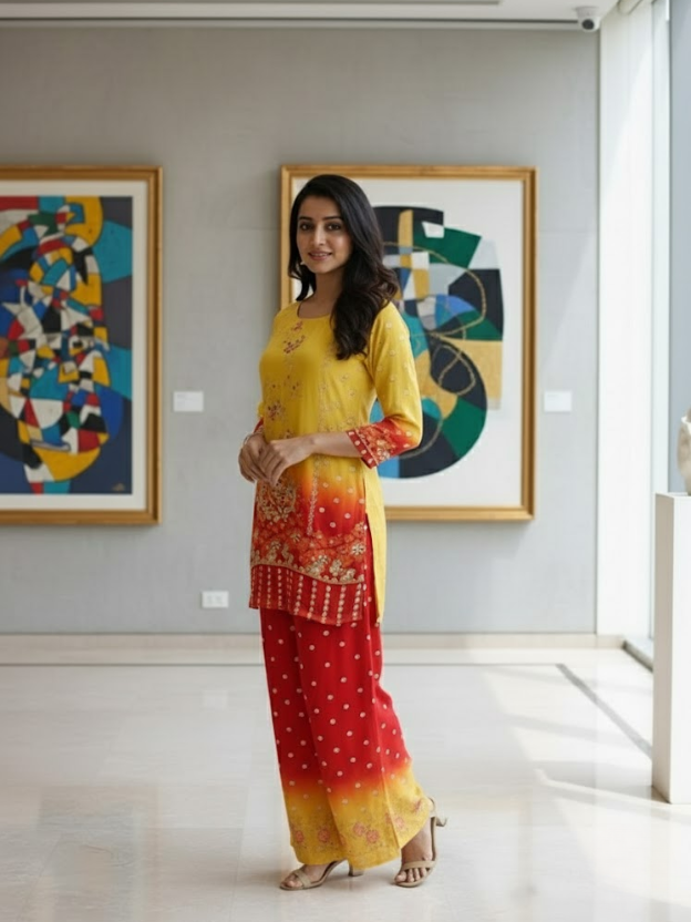 Azure Sunset Embroidered Crepe Ensemble