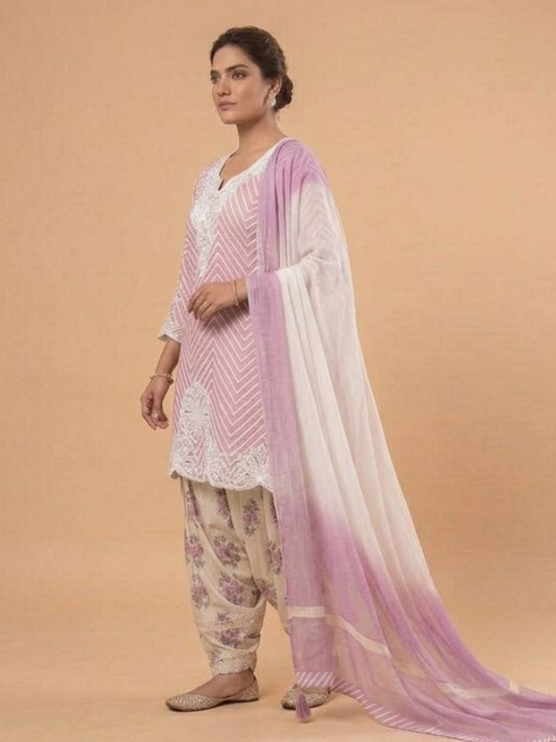 Elegant Pastel Pink Embroidered Kurta Set with Printed Salwar & Ombre Dupatta