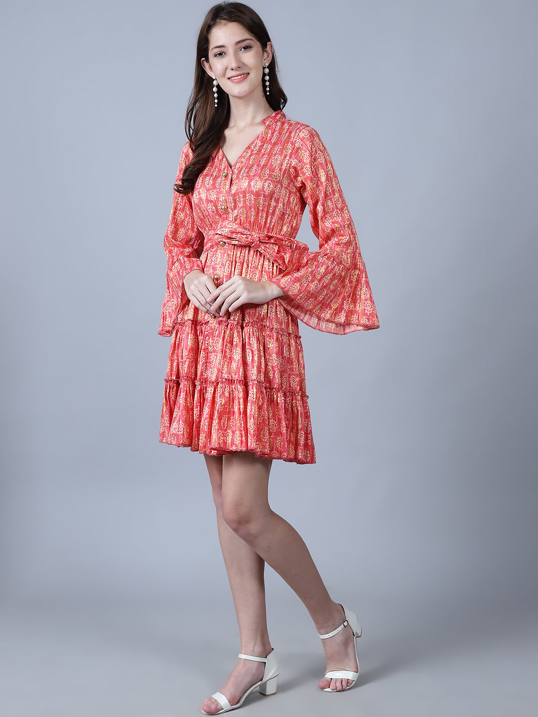 Floral Printed Bell Sleeves Cotton Fit & Flare Dress