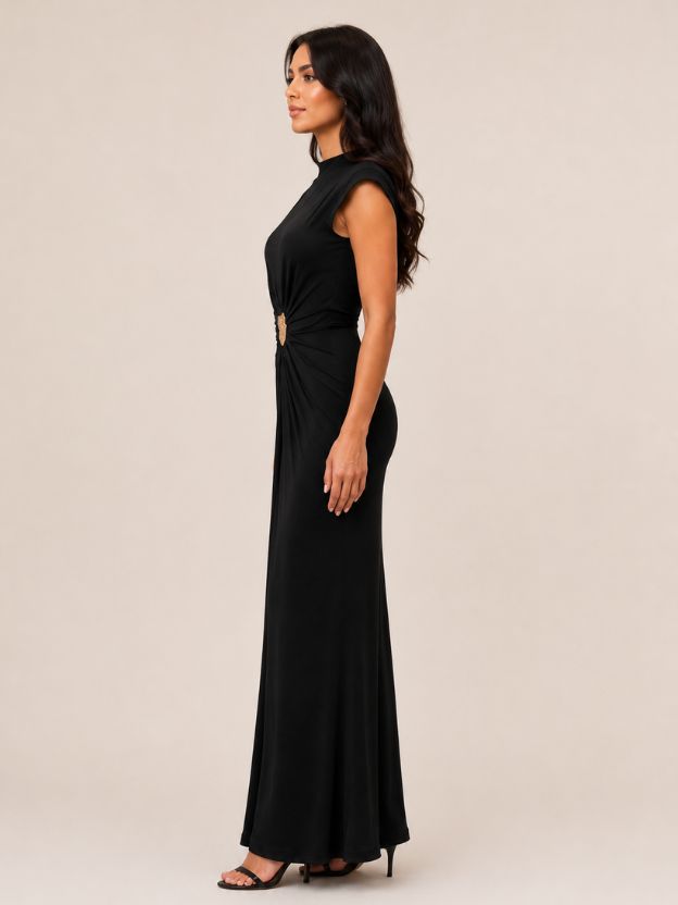Women's Black Solid Maxi Bodycon Dress with Gold Brooch Detail | Elegant Evening Party Dress | Premium Stretch Long Dress