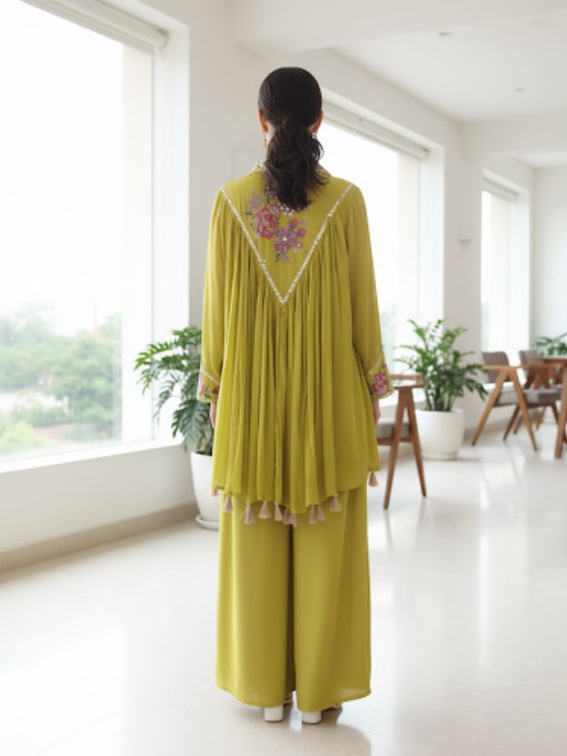 Anaya Bloom Essence Festive Lime Green Embroidered Co-ord with Tassel Detailing Co-ord Set