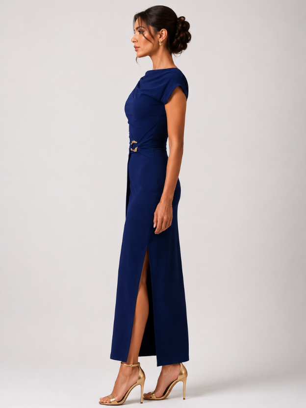 Women's Elegant Cowl Neck Midi Dress with Side Slit & Waist Buckle | Party, Cocktail & Evening Dress