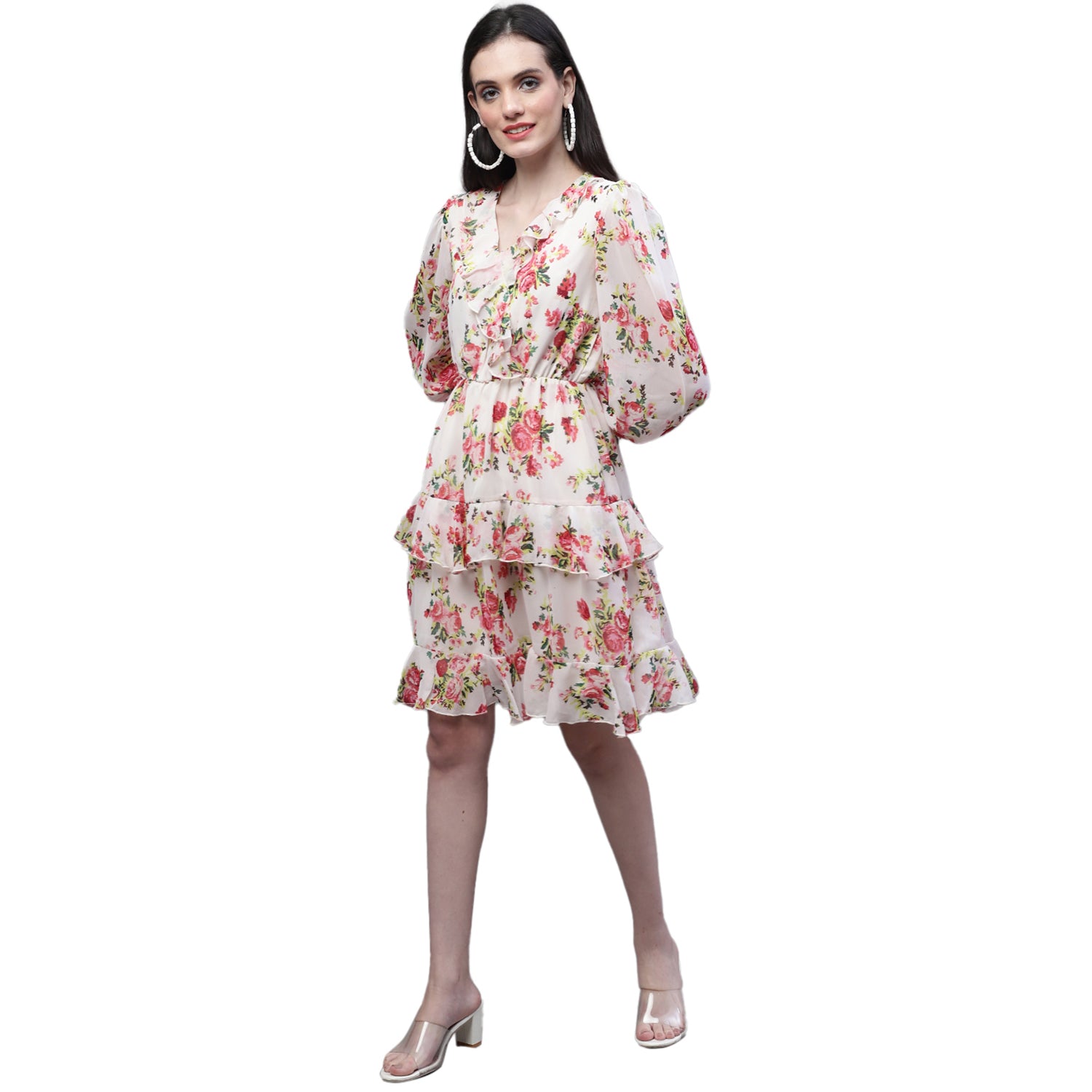 Floral Print V-Neck Bell Sleeve Ruffled Georgette Tired Fit & Flare Dress
