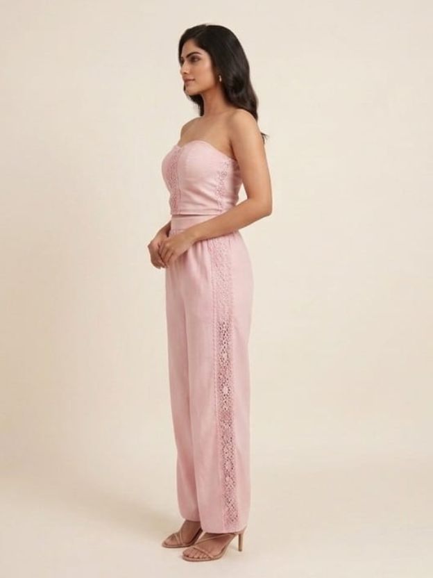 Blush Pink Lace Detail Tube Top & Wide-Leg Pants Co-ord Set - 2 Piece Summer Outfit