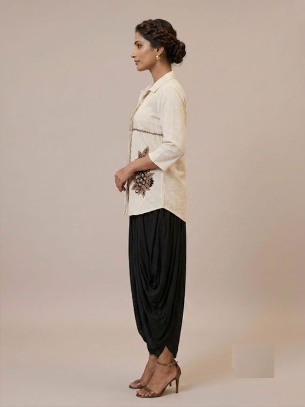 Indo-Western Harem Pant Set – Embroidered Shirt & Draped Bottoms