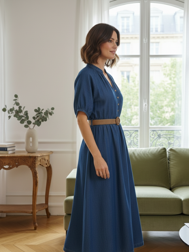 Lacy denim button-down midi dress with puff sleeves & waist belt