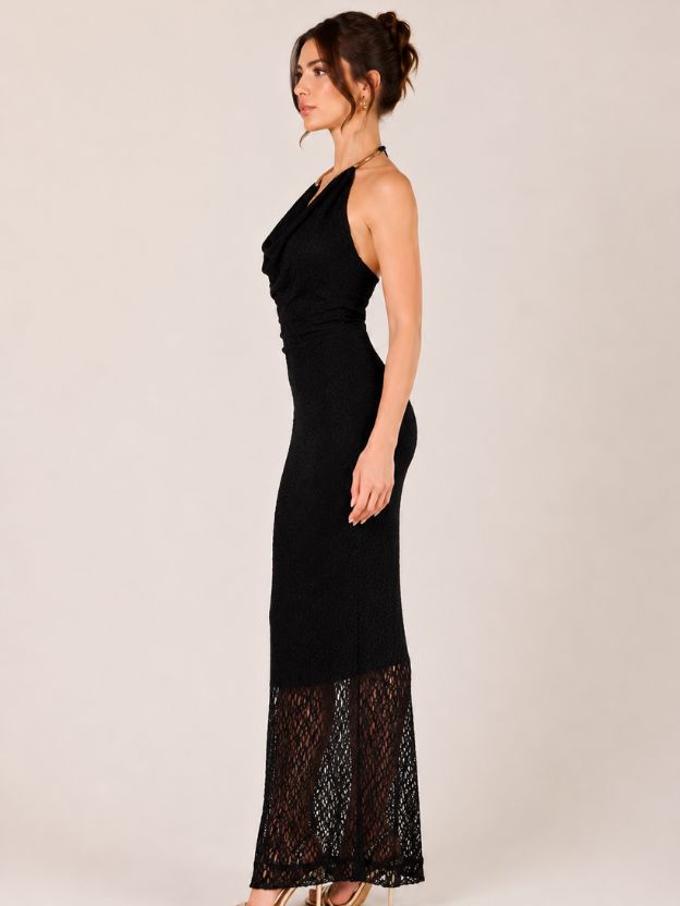 Seraphina Cowl Neck Halter Maxi Dress with Lace Hem – Black