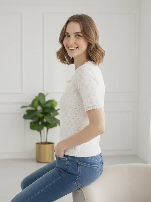 Lace-Trim Sweetheart Knit white Top