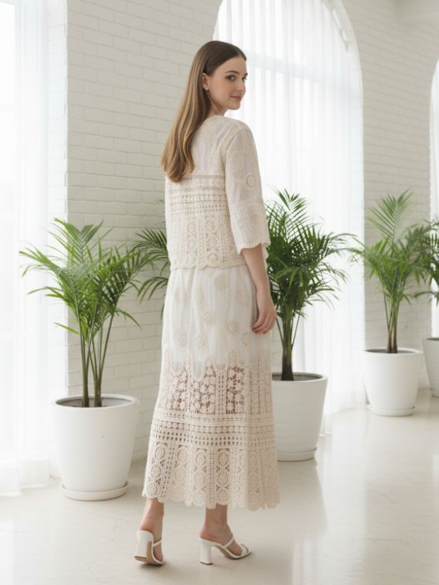 Ivory Whisper Crochet V-Neck Top with Matching Long Skirt – Co-ord Set