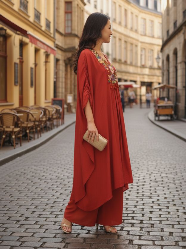 Crimson charm rust orange embroidered  kaftan
