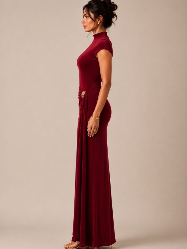 Women's Elegant Mock Neck Ruched Maxi Dress with Gold Buckle Detail | Bodycon Evening Party Gown | Wine Brown