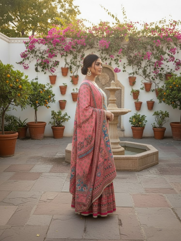 Elegant Coral Printed Sharara Set with Dupatta