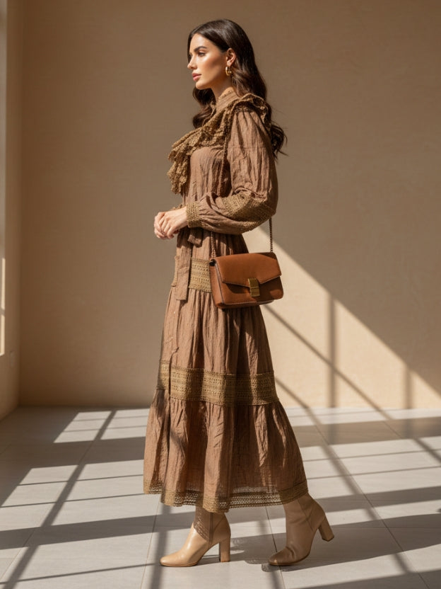 Lace Panel Tiered Midi Dress with Waist Tie