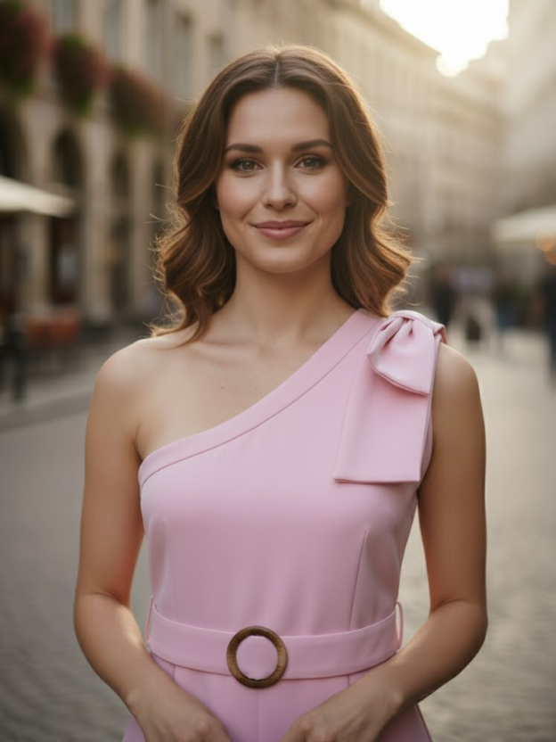 Blush Bow One-Shoulder Midi Dress