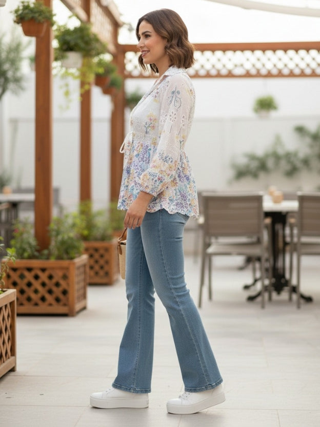 Sheer Floral Lace Tie-Front Peplum Shirt