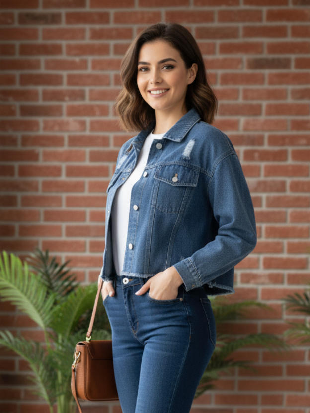 Cropped Distressed Denim Jacket