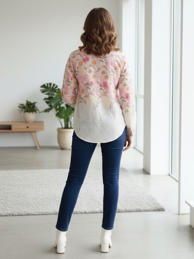 White & Blue Sheer Cotton Blend Shirt with Intricate Embroidery