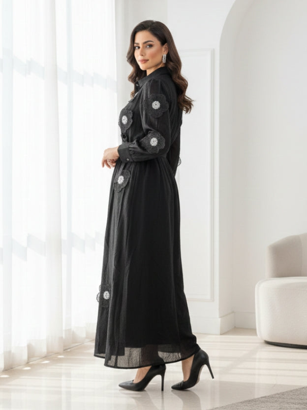 Floral Appliqué Sheer Midi Dress with Belt