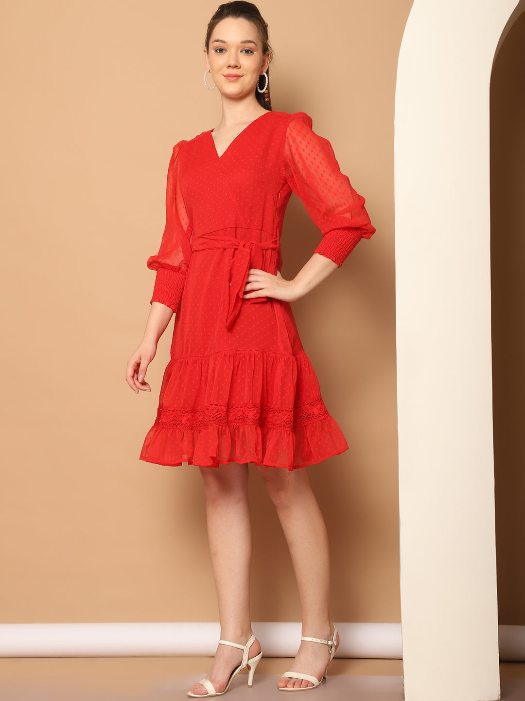 Puff Sleeve Ruffled Georgette Fit & Flare Dress