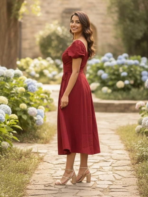 Elegant Burgundy Midi Dress for Women – Puff Sleeve Sweetheart Neckline Party Dress