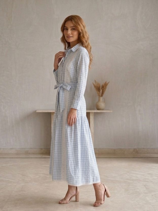 Elegant Gingham Shirt Dress with Lace Panel Detailing