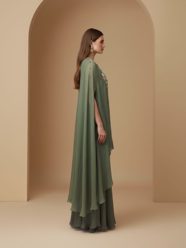 Elegant Sage Green Cape Coord Set with Floral Embroidery