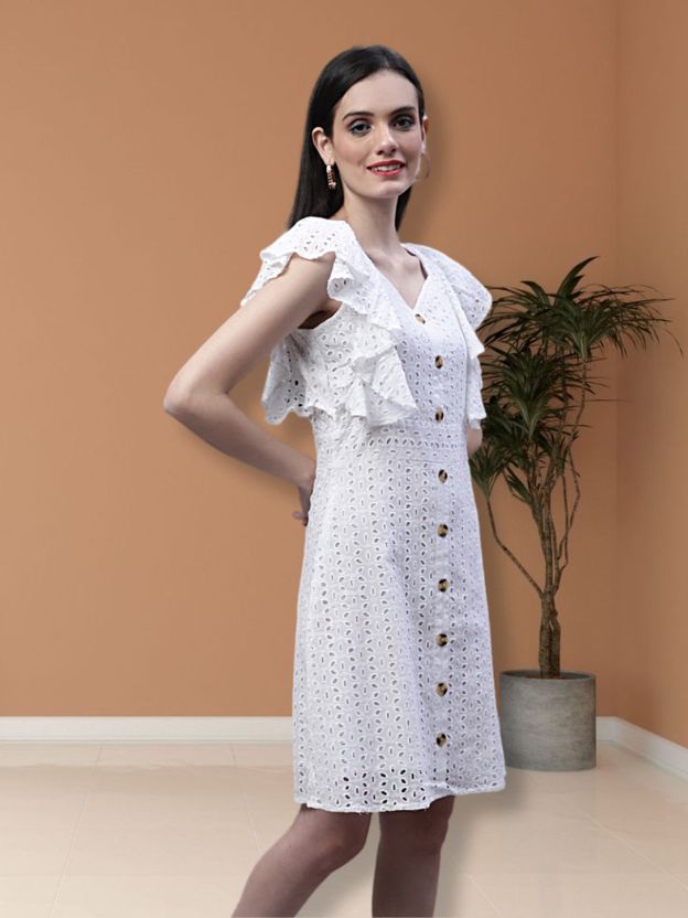 Self Design Flutter Sleeves Cotton A-Line Dress