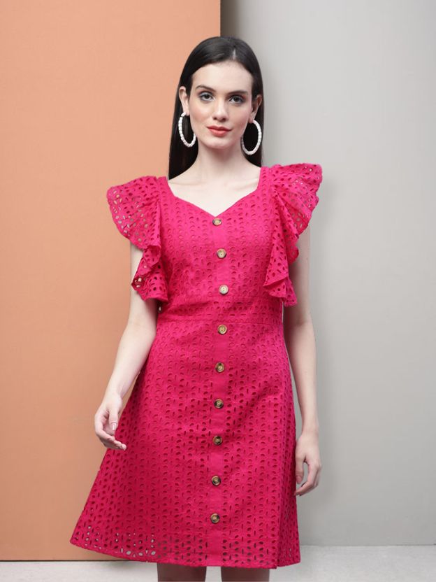 V-Neck Schiffli Ruffled A-line Cotton Dress